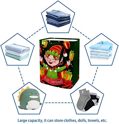 60L Çamaşır Sepeti Katlanabilir Komik Noel Karikatür Elf Gülüyor çamaşır sepeti Kolay Taşıma ile Genişletilmiş Kolu Katlanır