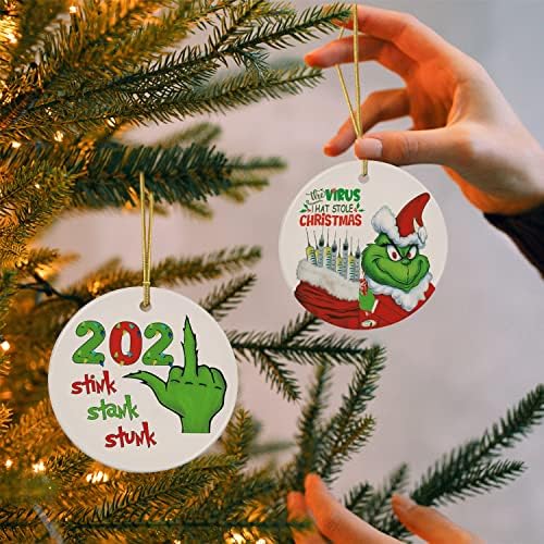 Grinch Noel Süsleri 2021, Noel Ağacı Süsleri, Dekoratif askı süsleri, Seramik Çift Taraflı Baskılı Noel Ağacı Süsleri