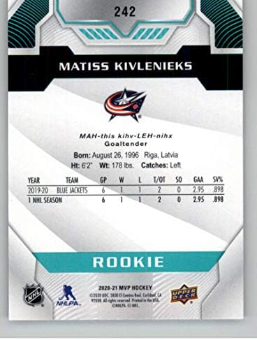 2020-21 Üst Güverte MVP 242 Matiss Kivlenieks RC Çaylak Columbus Mavi Ceketler NHL Hokeyi Ticaret Kartı
