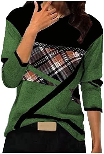 Kadın Egzersiz Gömlek Geometrik Baskı Yuvarlak Boyun Patchwork Kazak Uzun Kollu Tops Bluzlar T-Shirt