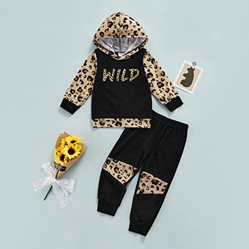 Toddler Kız Iki Parçalı Giysi Set Siyah Leopar Vahşi Baskılı Hoodie Kazak Üst+Pantolon Güz Kıyafeti