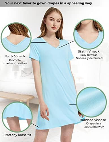 Kadınlar için GYS Gecelik Kısa Kollu Gece Gömlek Yumuşak Bambu Pijama Saten V Yaka Uyku Gömlek