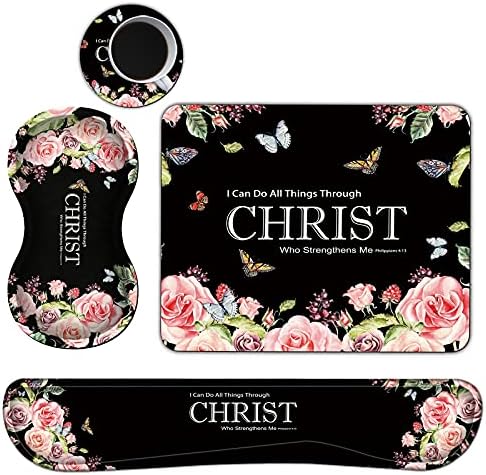 Mouse Pad Seti 4 in 1, Klavye Bilek Istirahat + Fare Bilek Istirahat + Mouse Pad + Coaster, hıristiyan İncil Alıntı Çiçekler
