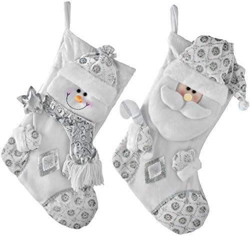 WeRChristmas Kardan Adam ve Noel Baba Paketi Asılı Çorap 3D Kafa, Beyaz ve Gümüş, 48 cm