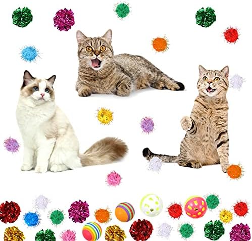 Civaner 36 Adet Renkli Kedi Oyuncak Topları Plastik Şişeli Kedi İnteraktif Oyuncak Topları Arasında Glitter Pom Pom Topları,