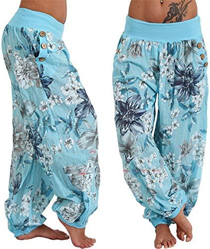 Andongnywell Kadın Baskı Geniş harem Pantolon Hippi Boho Gevşek Cep Düğmesi Harem Pantolon Yüksek Bel Baggy plaj pantolonları