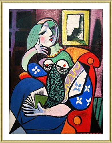 Alonline Art - Woman with Book by Pablo Picasso | Altın çerçeveli resim %100 pamuklu tuval üzerine basılmış, köpük tahtaya