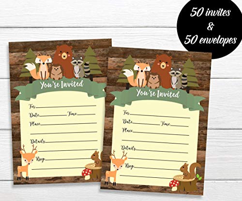 50 Sevimli Rustik Ormanlık Orman Hayvanları Bebek Duş Davetiyeleri ve Zarflar (Büyük Boy 5x7) - Bebek Duşu-Doğum Günü Partisi