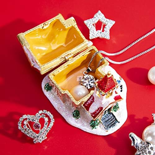Noel Evi Heykelcik Biblo Kutusu Menteşeli Tahsil Rhinestones Mücevherli Boyalı Emaye Takı Yüzük Tutucu Kutuları