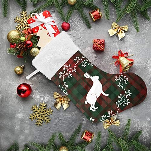 Bir Ayı Noel Çorap, tavşan Çelenk Yeşil ve Kırmızı Ekose Manşet Çorap Peluş Faux Kürk 17 Şömine Büyük Asılı Çorap Aile Tatil