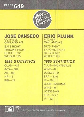 1986 Fleer Beyzbol 649 Eric Plunk / Jose Canseco RC Çaylak Kartı Oakland Atletizm Umutları Resmi MLB Ticaret Kartı