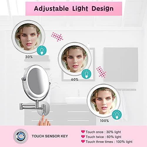 AmnoAmno LED Duvara Monte Makyaj Aynası 10x Büyütme, 8.5 Çift Taraflı 360° Döner makyaj aynası 13.7 Uzatma ve Banyo veya Yatak