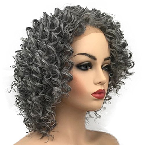 Wiginway dantel ön peruk kısa gri-beyaz kıvırcık peruk Renk doğal sentetik ısıya dayanıklı