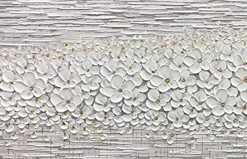 V-ınspire Sanat, 24x48 İnç Modern Soyut Gri ve Beyaz Çiçek Sanat El Boyama Akrilik Tuval Duvar Sanatı Yağlıboya Ahşap Çerçeve