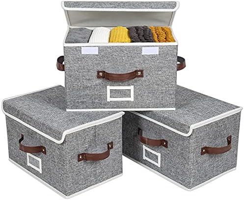 Sofier Kapaklı Saklama Kutuları 3 Paket 3 Kulplu ve Etiketli Katlanabilir Saklama Kutuları Raflar için Sağlam Dekoratif Kumaş