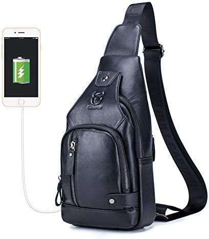 BULLCAPTAIN Hakiki Deri Erkek tek kollu çanta Çok Amaçlı Seyahat Crossbody Göğüs Çantası Daypacks USB Şarj Portu ile (Siyah)